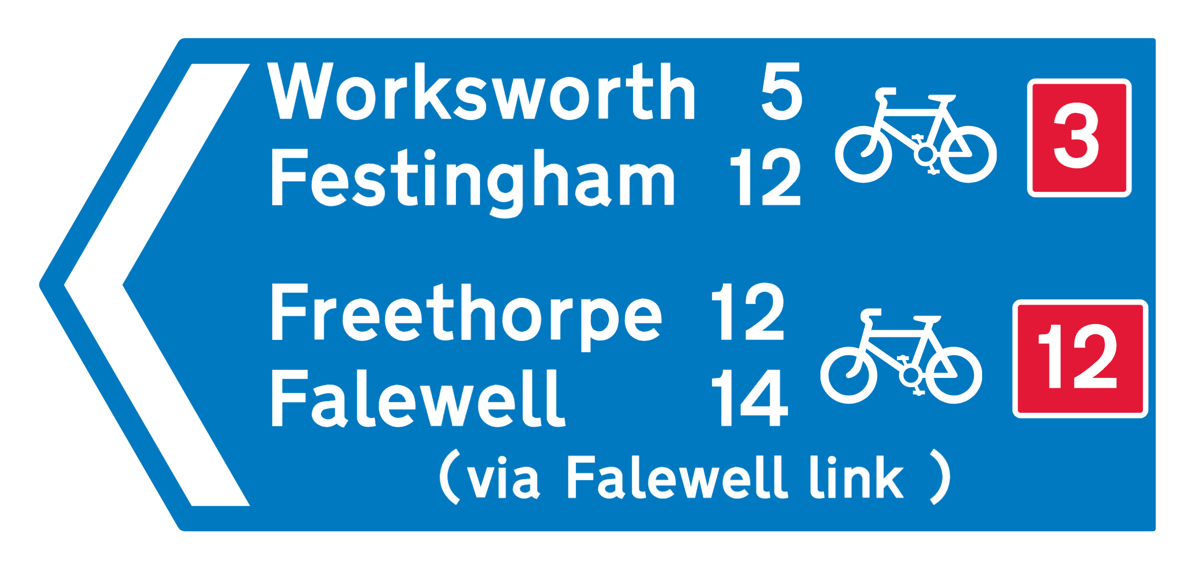 Blue cycle route confirmatory sign showing destinations and distances